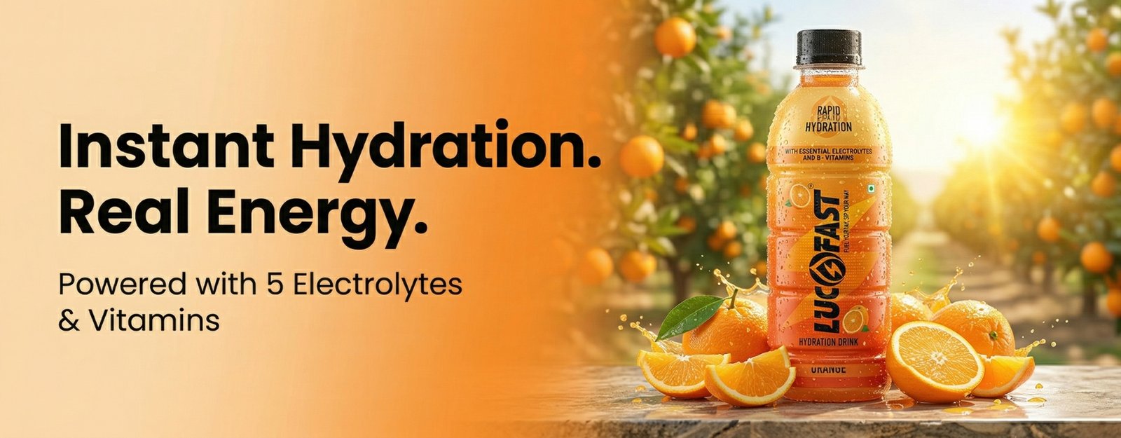 Lucofast Orange bottle with fresh oranges in a bright orchard with sunlight and natural glow