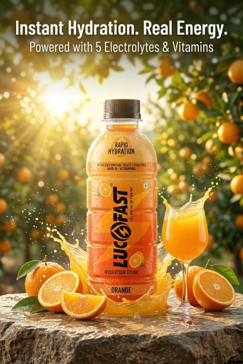 Lucofast Orange hydration drink bottle with fresh oranges and juice splash in a sunlit orchard setting