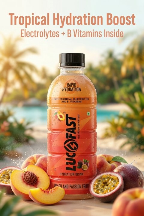 Lucofast Peach and Passion Fruit bottle with fresh peach and passion fruit in a tropical poolside setting