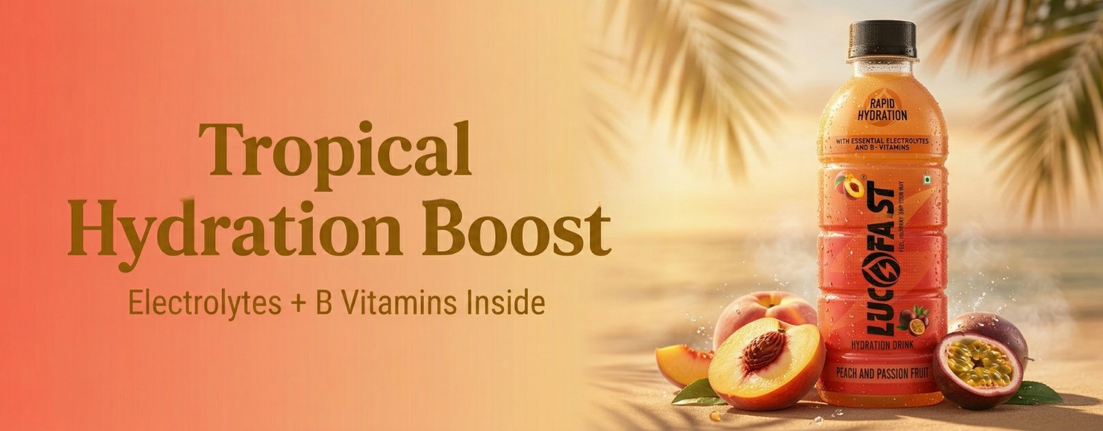 Lucofast Peach and Passion Fruit hydration drink bottle with tropical fruits on a warm beach background