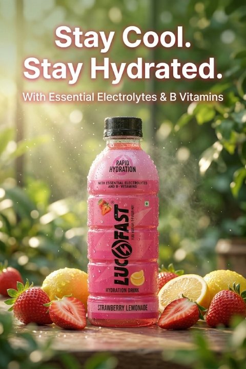 Lucofast Strawberry Lemonade bottle with strawberries and lemons in a natural green environment with sunlight rays