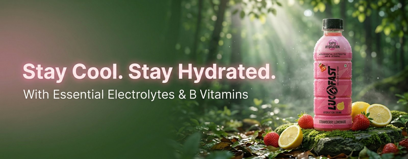 Lucofast Strawberry Lemonade hydration drink bottle with strawberries and lemon slices in a fresh forest setting